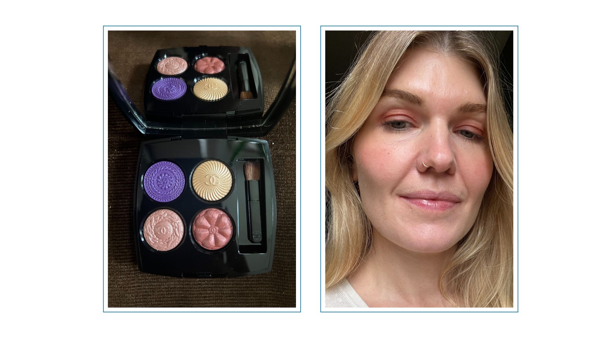 Chanel Les 4 Ombres Boutons eyeshadow in it&#039;s palette on a brown corduroy backdrop beside an image of fiona mckim wearing the eyeshadow in Baroque medium in a cream sweatshirt