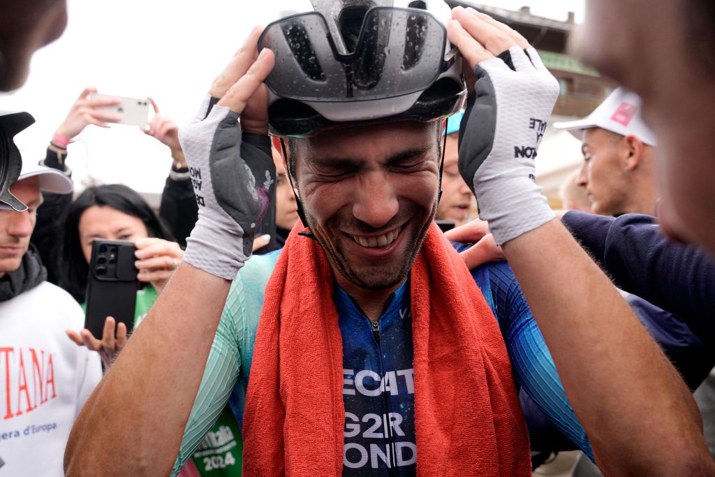 SAPPADA ITALY MAY 24 Stage winner Andrea Vendrame of Italy and Decathlon AG2R La Mondiale Team reacts after the 107th Giro dItalia 2024 Stage 19 a 157km stage from Mortegliano to Sappada 1236m UCIWT on May 24 2024 in Sappada Italy Photo by Marco Alpozzi PoolGetty Images