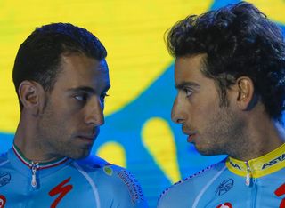 An intense Vincenzo Nibali and Fabio Aru on stage at the presentation