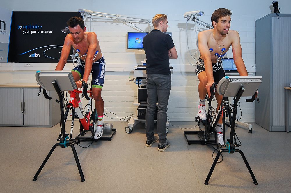 Rafael Valls and Jens Debusschere ride their trainers during medical tests.