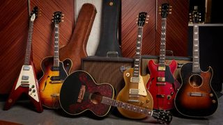 Above: the new Gibson Certified Vintage guitars have arrived including a 1971 Gibson Flying V Medallion #145, 1956 Gibson ES-350T, 1965 Gibson Everly Brothers J-180, 1957 Gibson Les Paul Standard Goldtop, 1972 Gibson ES-345TDSV, and a 1951 Gibson CF-100E