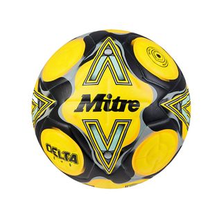 A yellow football with wavy black patterns and yellow circles has 'Mitre' written on it.