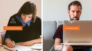 Split image showing two people working on laptops