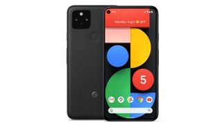 En Google Pixel 5 telefon med tændt skærm og Google-farver på skærmen