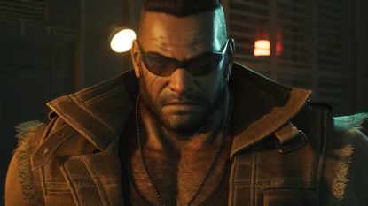 A close-up of Barret in Final Fantasy 7 Revelation, looking determined with his iconic shades on