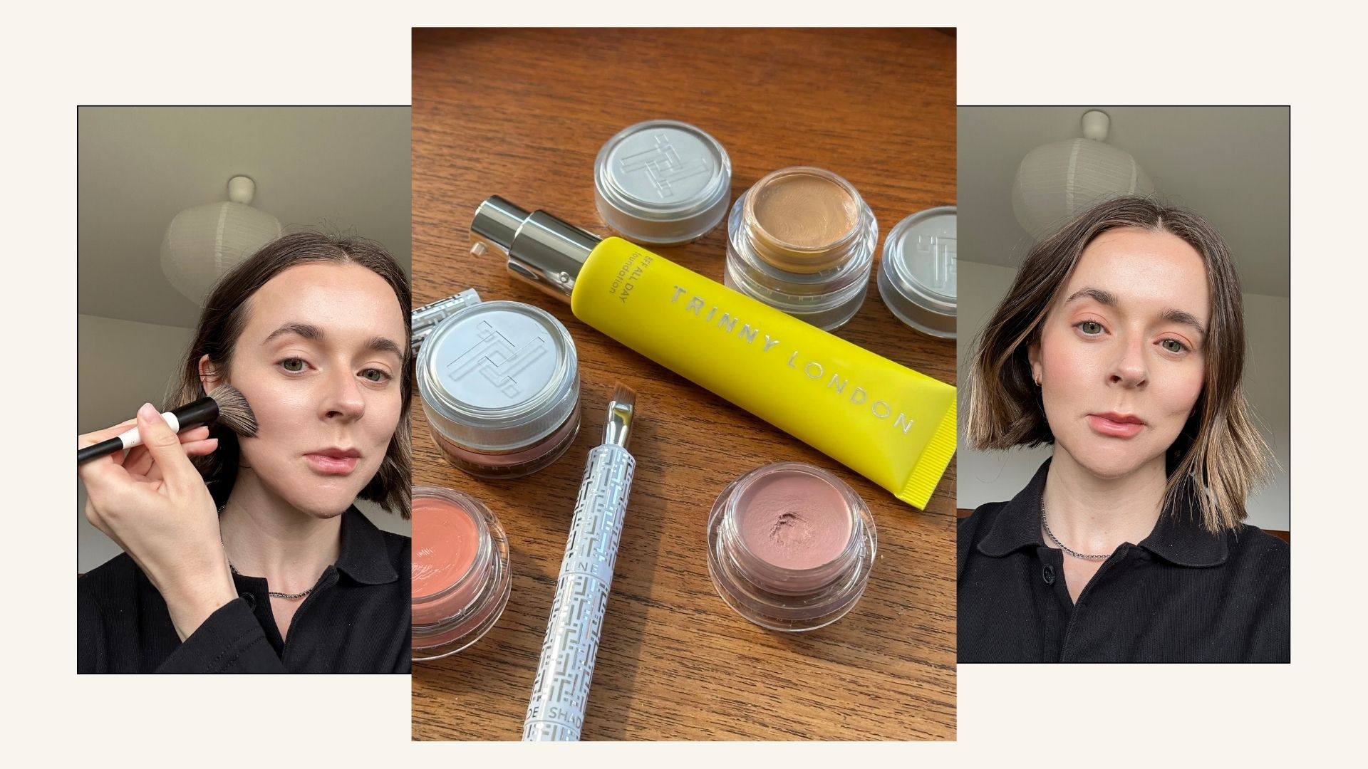 a collage of Grace Day testing and trying Trinny London makeup products