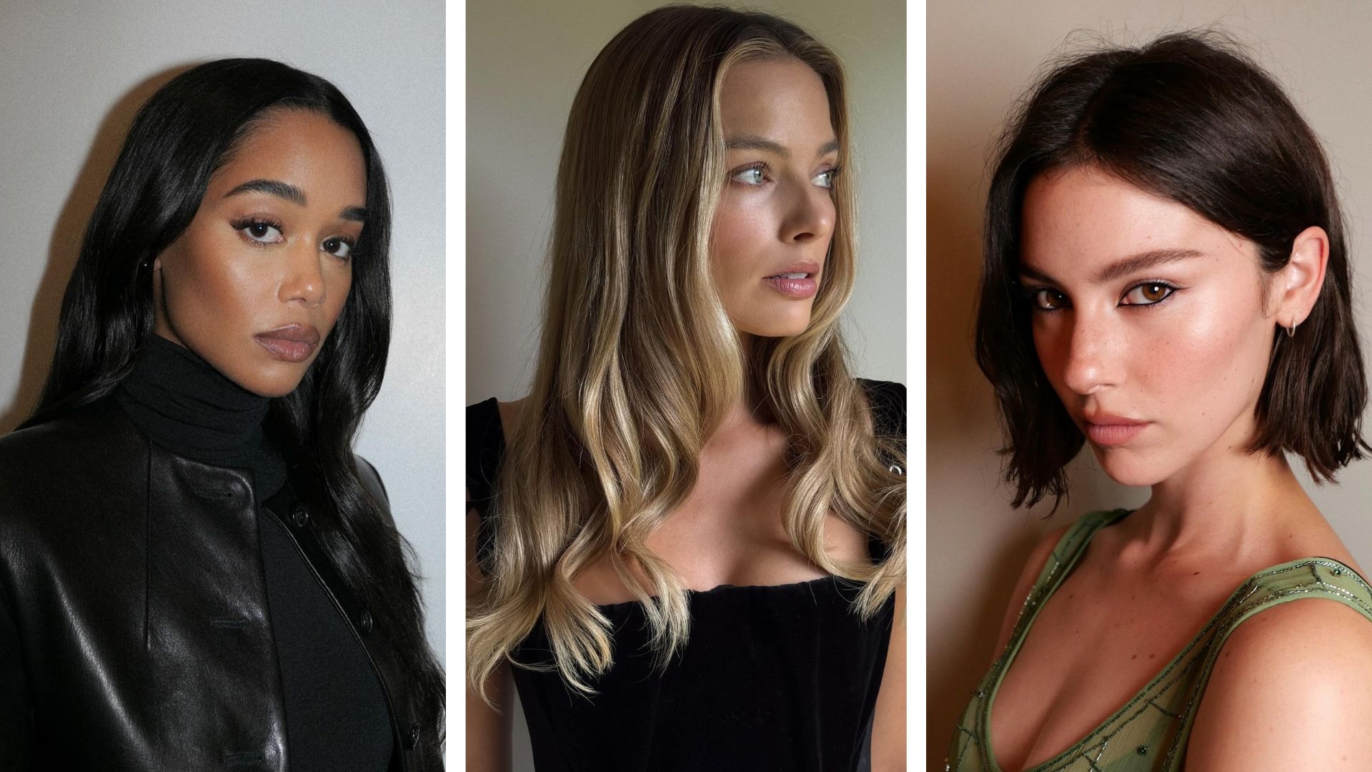 A collage of autumn hair trends, featuring Laura Harrier with dark brunette hair, Margot Robbie with biscotti blonde hair colour and Gracie Abrams with a relaxed bob haircut