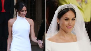 Composite of an image of Meghan Markle at her wedding reception and at her wedding ceremony