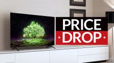 4K TV deal bank holiday sales LG A1 with sign saying price drop