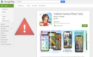 A screenshot of the now-deleted Google Play Store page for Craftsart Cartoon Photo Tools, with an added warning triangle.