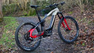 Haibike AllMtn CF SE electric mountain bike pictured from behind