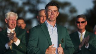  Rory McIlroy of Northern Ireland reacts after being awarded the Green Jacket during the Green Jacket Ceremony after winning the final round of the 2026 Masters Tournament at Augusta National 