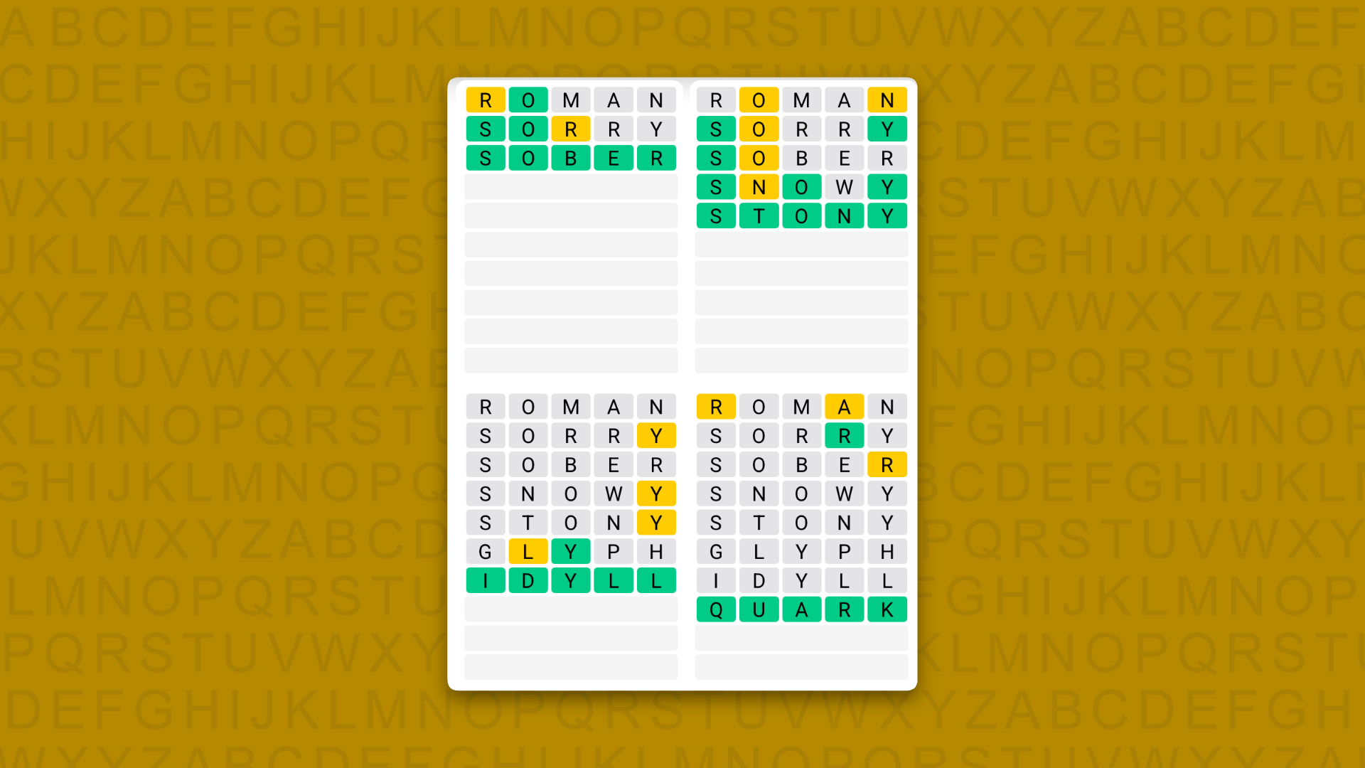 Quordle Daily Sequence answers for game 1697 on a yellow background
