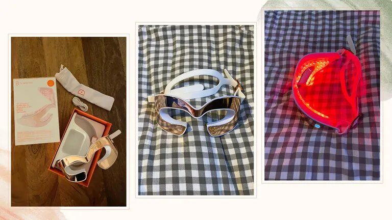 Dr. Dennis Gross DRx Spectralite Eyecare Max Pro just out of the packaging, with the attachments and with the red light on