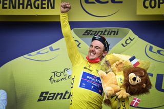Yves Lampaert celebrates winning stage one of the 2022 Tour de France