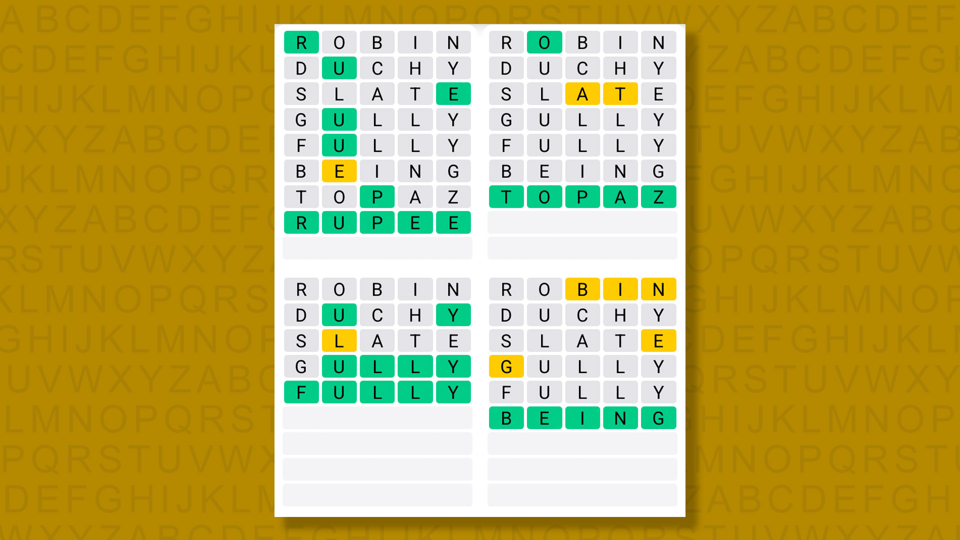 Quordle answers for game 1616 on a yellow background