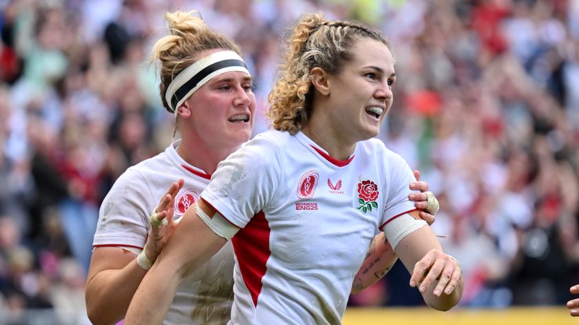 Ellie Kildunne of England celebrates scoring her team&#039;s fourth try with team mate Megan Jones during the Women&#039;s Rugby World Cup 2025 Semi Final match between France and England at Ashton Gate on September 20, 2025 in Bristol, England. 