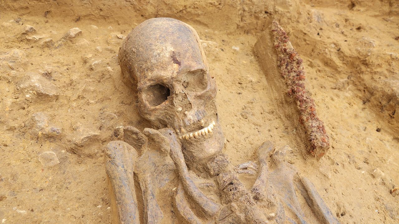 The warrior was a man aged between 30 and 40 when he died. The bones will be radiocarbon-dated and examined for signs of battle injuries.