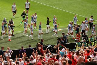 Players of England acknowledge the fans prior to the UEFA Women's Euro 2022 final match between England and Germany at Wembley Stadium on July 31, 2022 in London, England.
