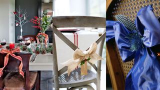 Three images of dining room chairs dressed with the bow Christmas decoration trend