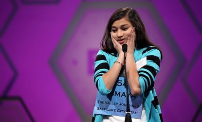 Spelling Bee contestant Vismaya Jui Kharkar of Utah tries to spell her word during the 6th round of last year's competition.