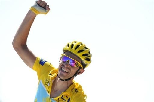 Alberto Contador (Astana) gestures at the finish, on top of the Ventoux
