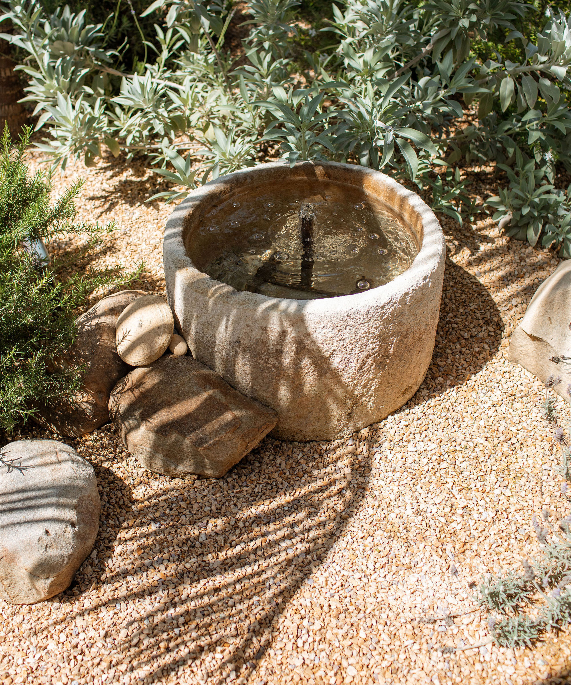 water feature and rocks in gravel landscape with shrubs and plants