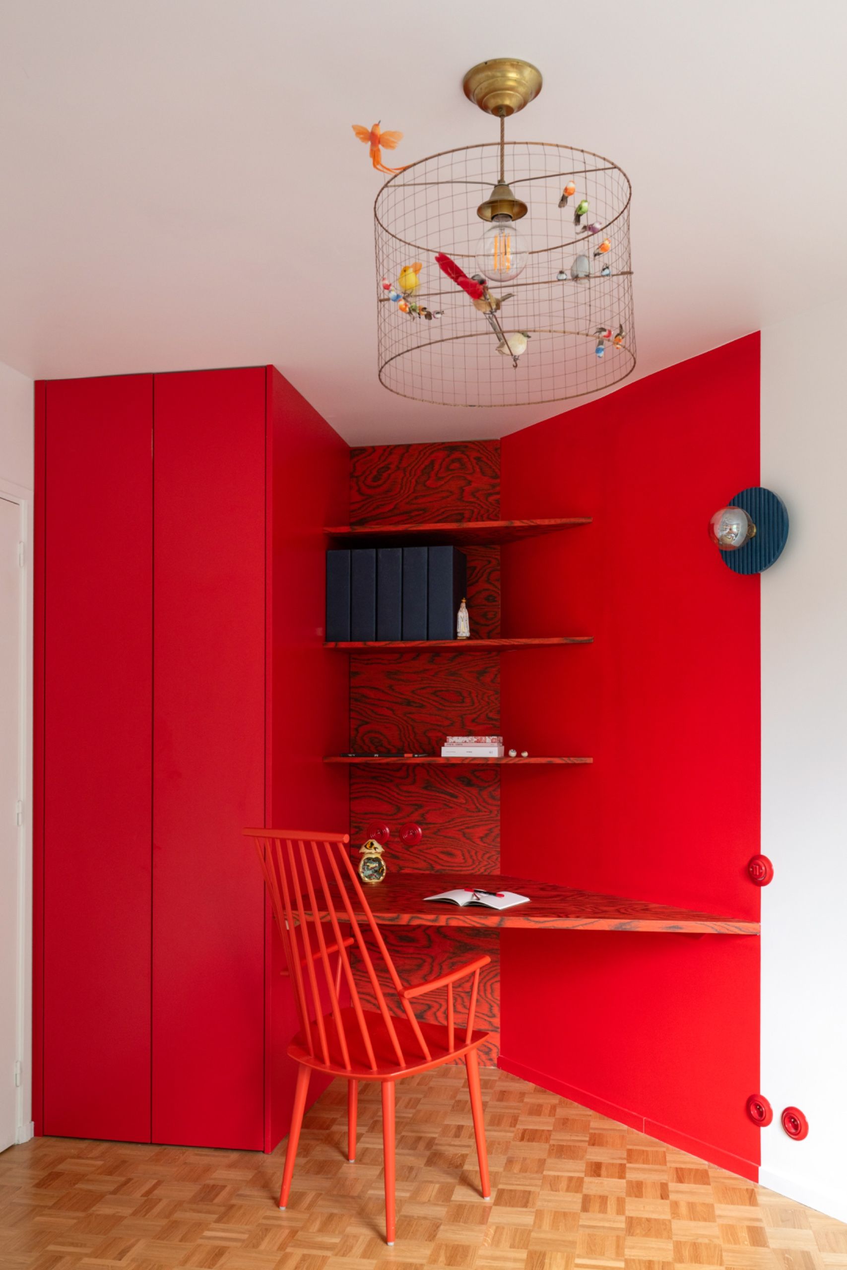 A bright red home office
