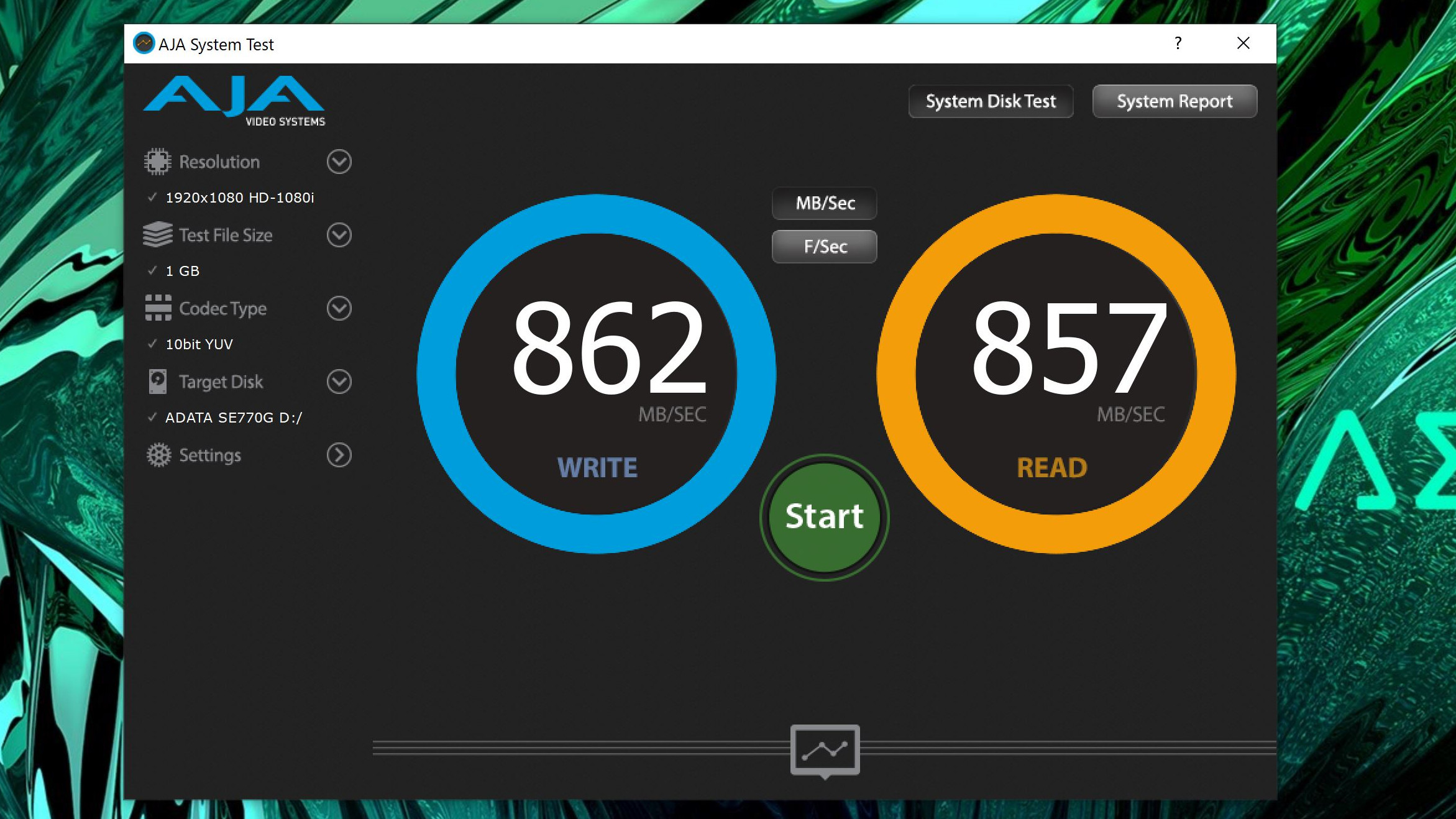 AJA Systems test score for ADATA SE770G External SSD