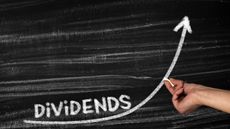 The word dividends and an upward curve are drawn on a black chalkboard.