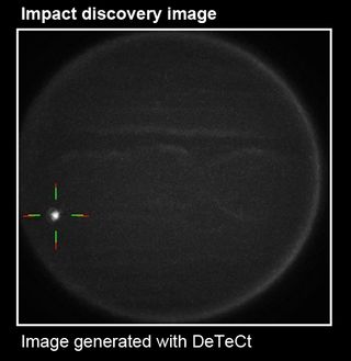 This image was produced by the software DeTeCt when analyzing one of the several video observations of an Aug. 7, 2019, impact on Jupiter obtained by Ethan Chappel. The software identified and highlighted the location of the impact flash. DeTeCt performs differential images of a video while it corrects the position of each frame from distortions caused by atmospheric turbulence. 
