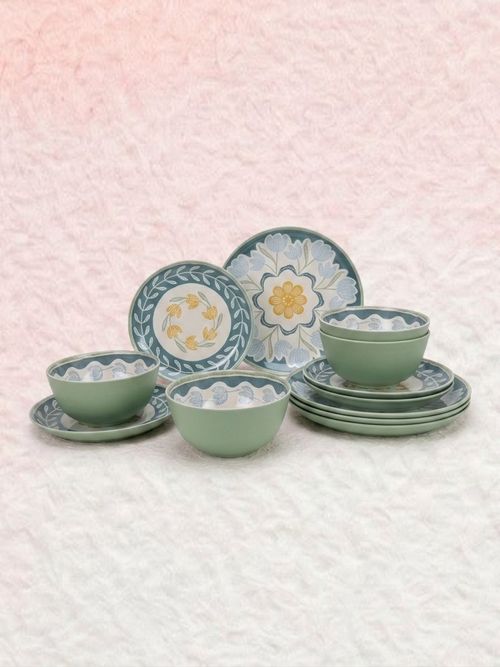12 Piece Bamboo Melamine Green Floral Dinnerware Set