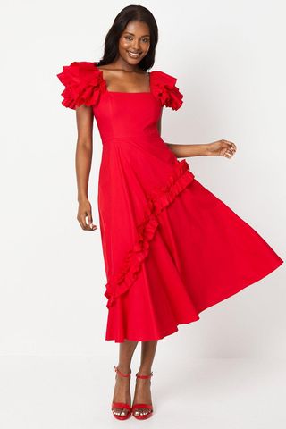 Frill Sleeve Ruffle Skirt Cotton Midi Dress