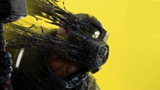 Rainbow Six Extraction - Weird goo is stuck to the mask of Sledge on a yellow background