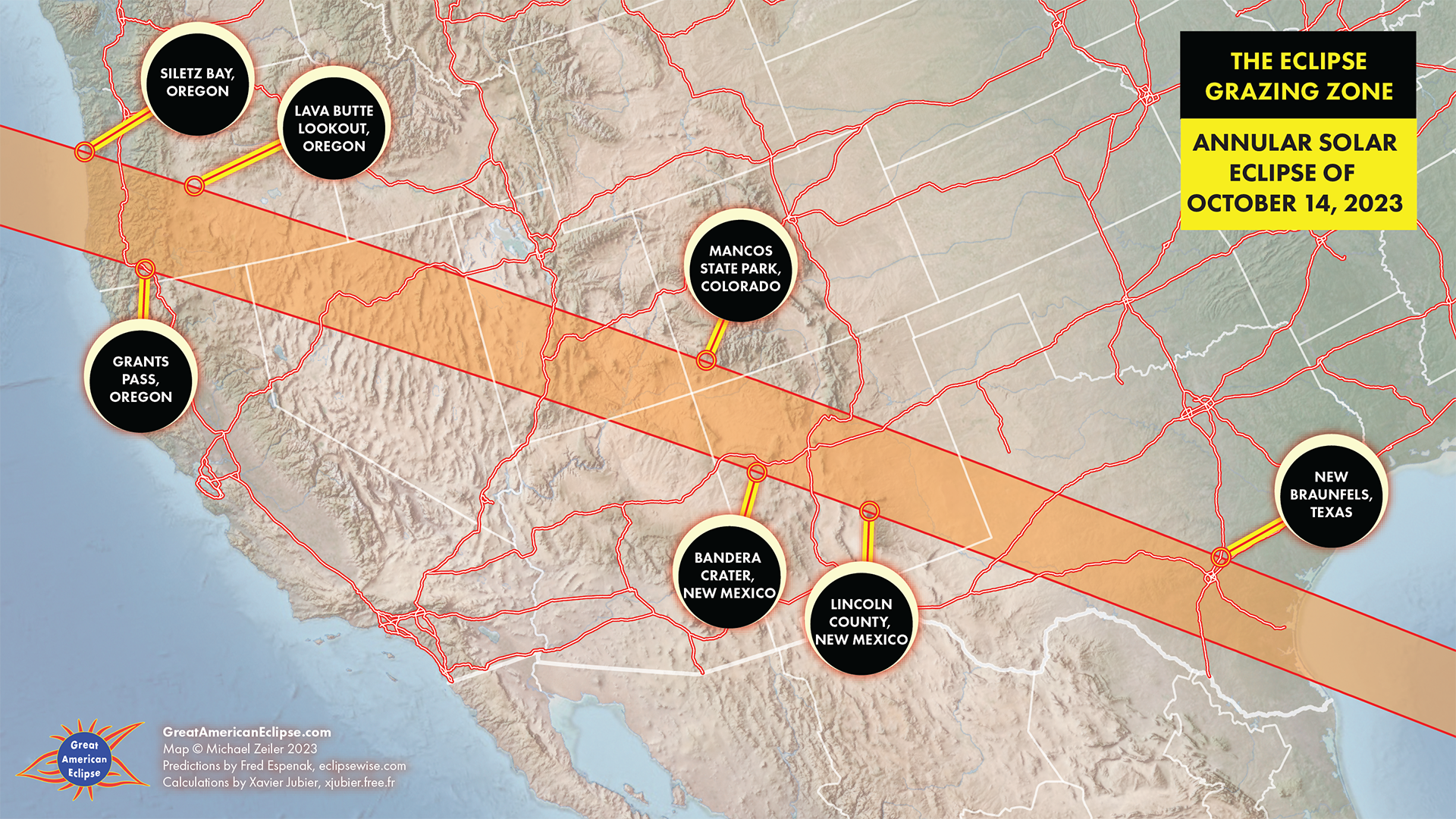 Illustration of a map showing the location of the eclipse grazing area for the October 14 annular solar eclipse.