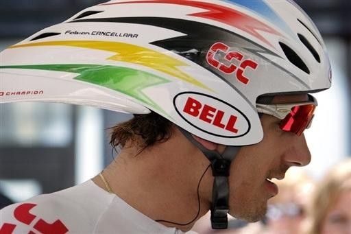 Fabian Cancellara (Team CSC) gets a custom paint job to match his rainbow skinsuit.