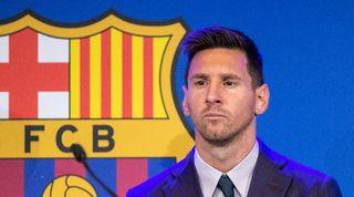 Lionel Messi looks serious in his final press conference before leaving Barcelona in 2021.