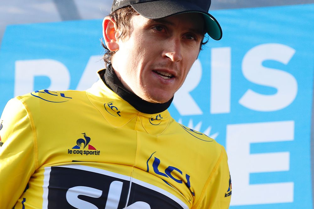Geraint Thomas in yellow on the stage 6 podium at Paris-Nice