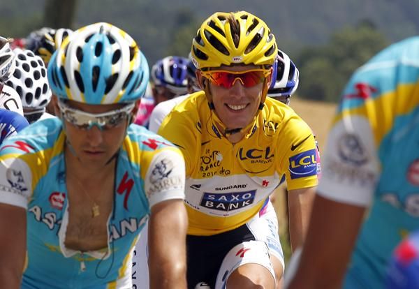 Andy Schleck (Saxo Bank) looks happy in yellow