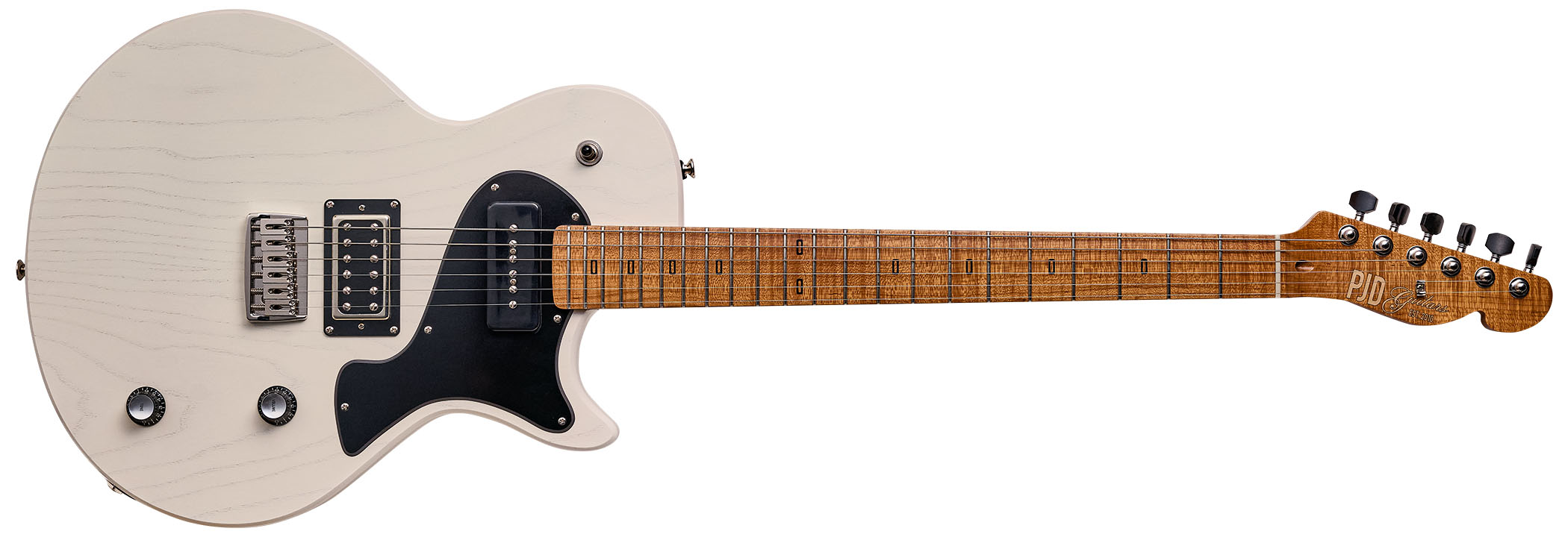 PJD Carey Classic: the translucent white singlecut has a handsome roasted figured maple neck, a black pickguard, and a P-90/Humbucker pairing.