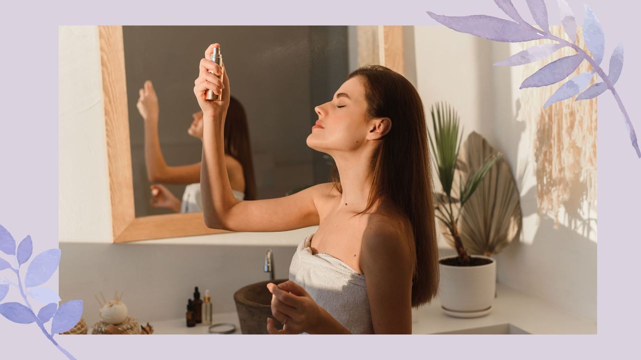 A woman spritzing her face, to illustrate how to use a face mist