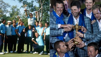 Team Europe celebrate their Ryder Cup victories in 1987 and 2012