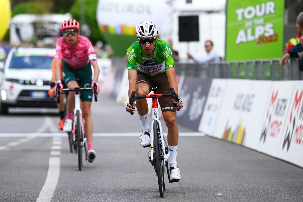BOLZANO LANA ITALY APRIL 19 Geoffrey Bouchard of France and AG2R Citroen Team Green Leader Jersey crosses the finish line during the 45th Tour of the Alps 2022 Stage 2 a 1541km stage from PrimieroS Martino di Castrozza to Lana TouroftheAlps on April 19 2022 in Bolzano Lana Italy Photo by Tim de WaeleGetty Images