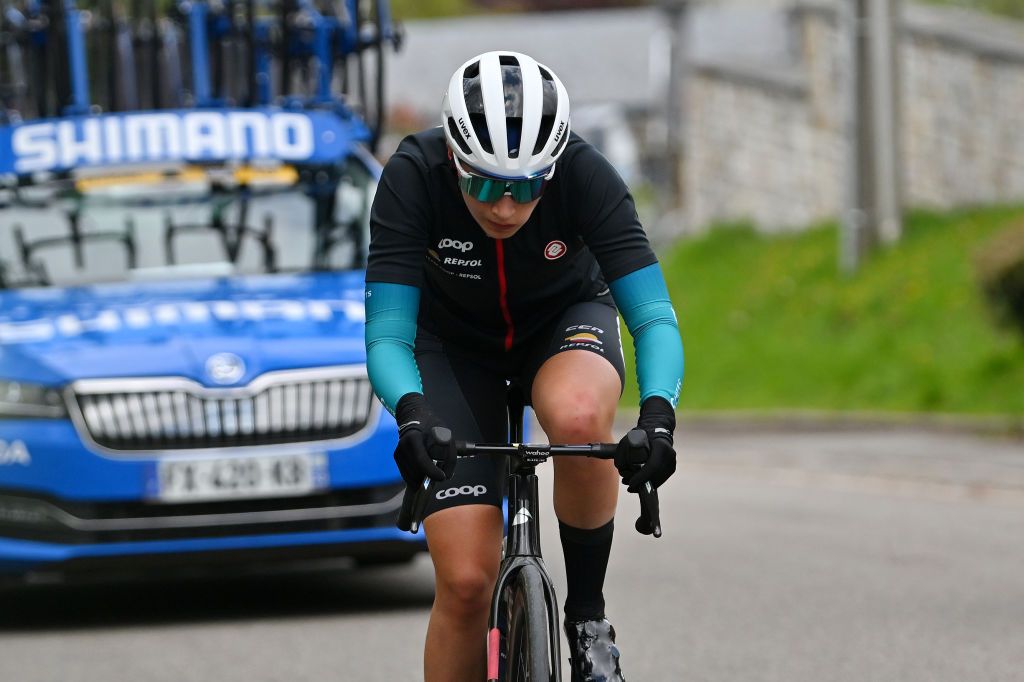 LIEGE BELGIUM APRIL 24 Stina Kagevi of Sweden and Team Coop Repsol competes in the chase group during the 8th Liege Bastogne Liege Femmes 2024 a 1529km one day race from Bastogne to Liege UCIWWT on April 24 2024 in Liege Belgium Photo by Luc ClaessenGetty Images