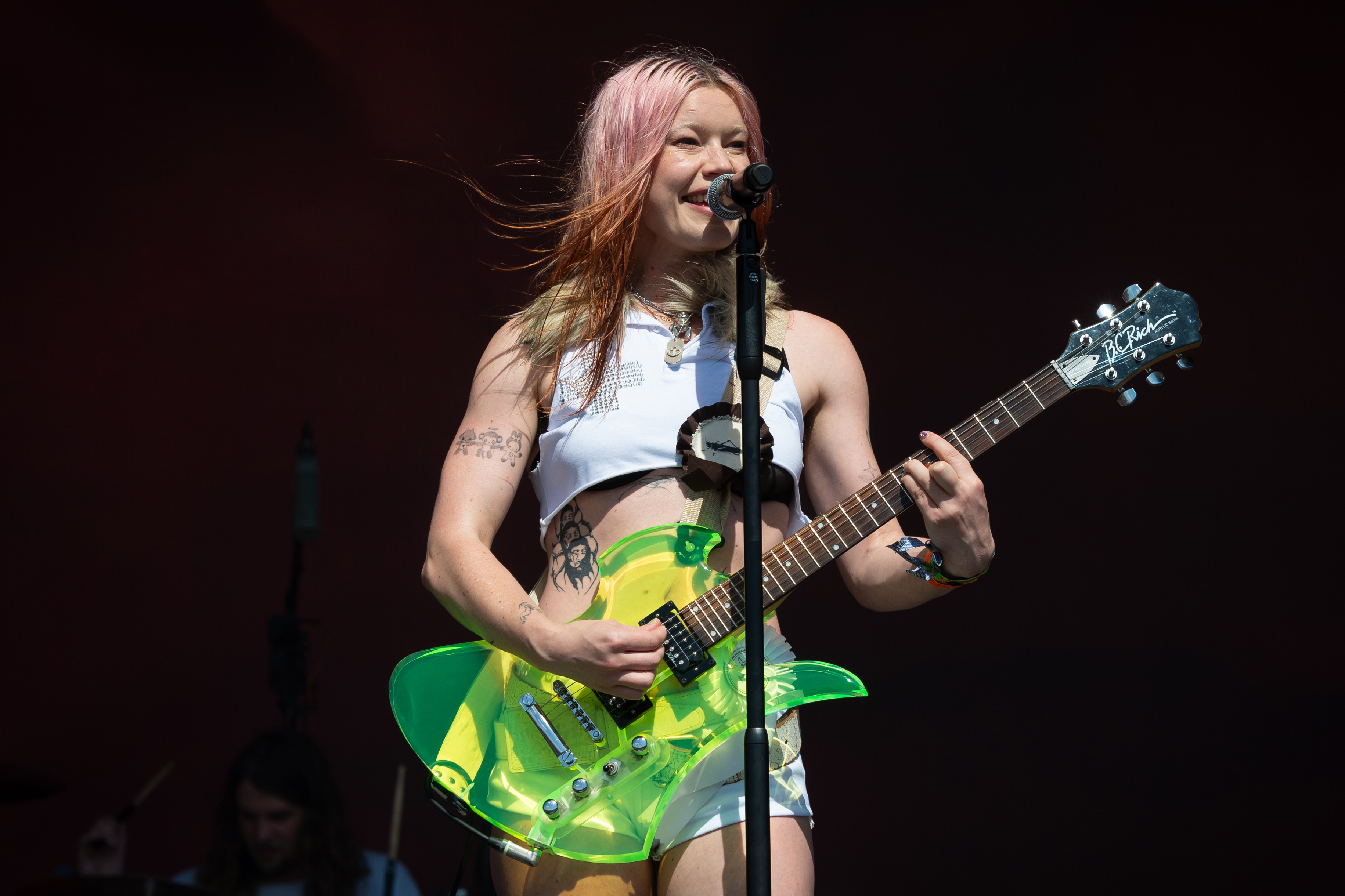 Rhian Teasdale of Wet Leg performs during day three of Glastonbury festival 2025 at Worthy Farm, Pilton on June 27, 2025 in Glastonbury, England