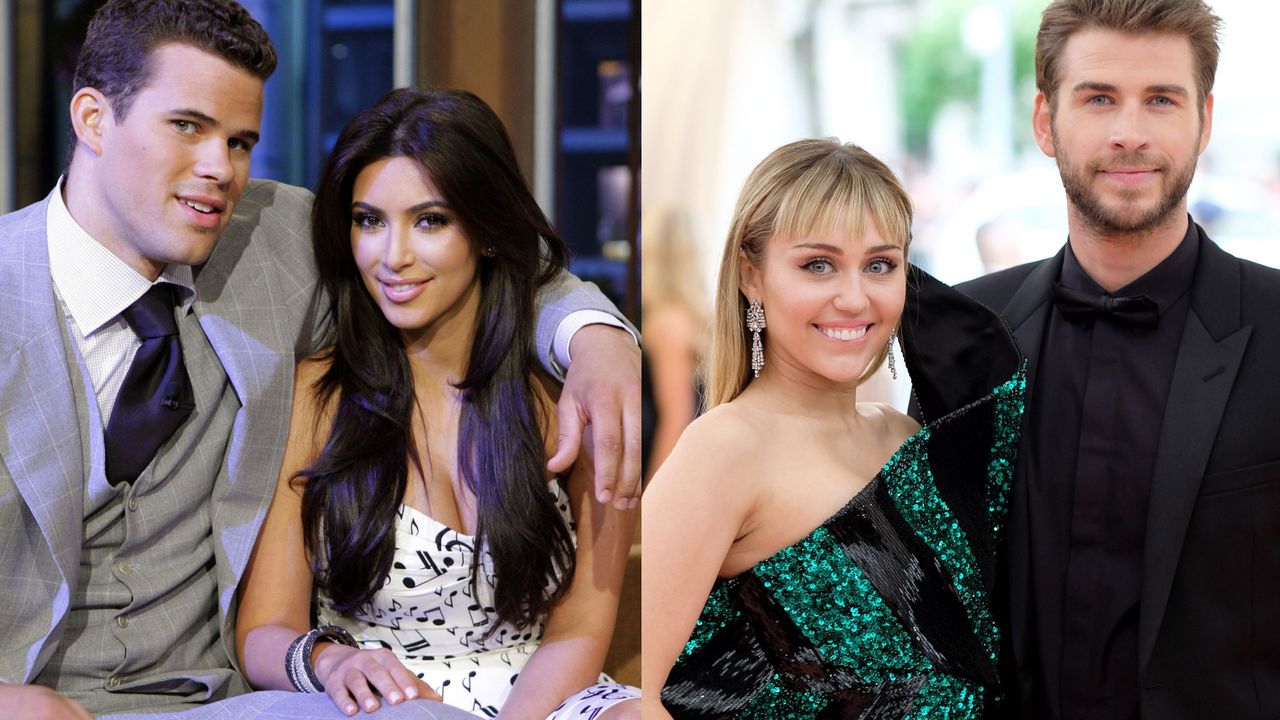 Kim Kardashian with Kris Humphries, and Liam Hemsworth with Miley Cyrus