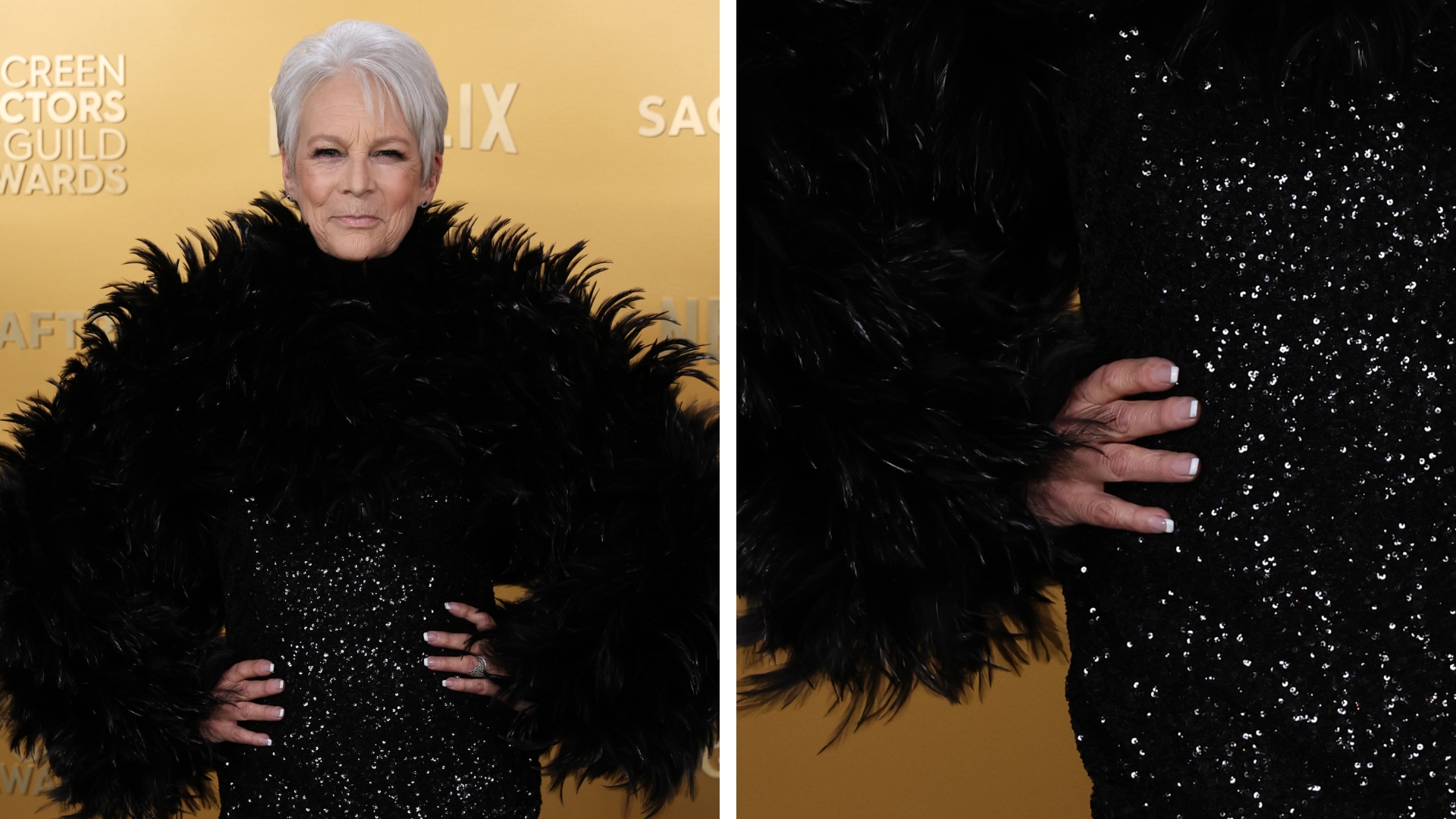 Koláž Jamie Lee Curtis na SAG Awards 2025 se stříbrným pixie řezem a na sobě černé opeřené, třpytivé šaty a zblízka její čtvercové francouzské špičky