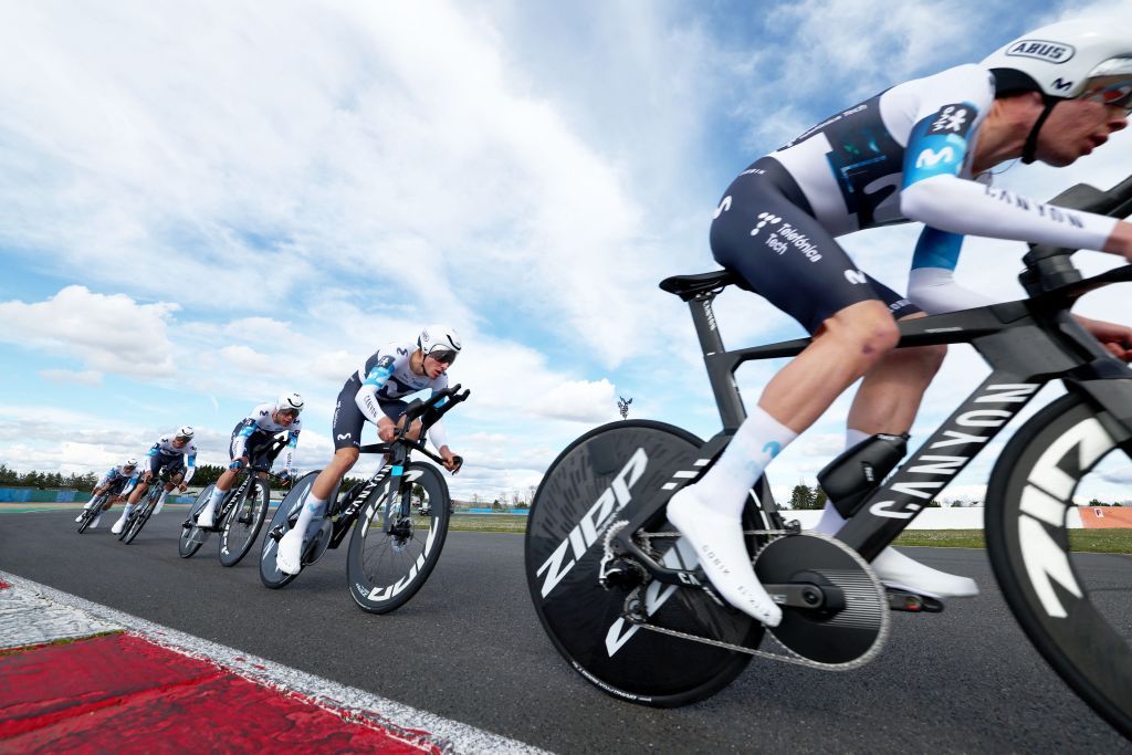 Movistar Team riders pictured in action during stage three of the 83th edition of the Paris-Nice cycling race, a 28,4km team time trial at the Nevers Magny-Cours racetrack, in Nevers, France, Tuesday 11 March 2025.
BELGA PHOTO DAVID PINTENS (Photo by DAVID PINTENS / BELGA MAG / Belga via AFP)
