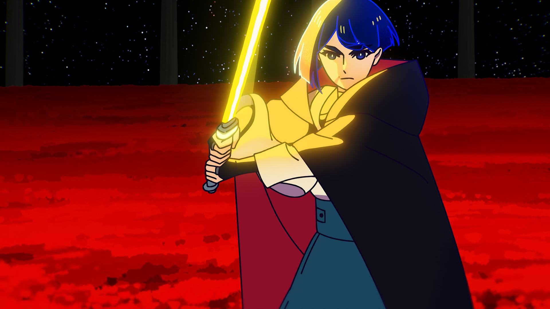 Still from the animated TV anthology series "Star Wars: Visions Volume 3". This episode is called 'The Lost Ones' by Kinema Citrus. A person with cropped blue hair and wearing a large cloak is holding a glowing, yellow lightsaber, ready to strike.