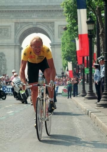 Laurent Fignon is moments away from finishing the 1989 Tour de France's final day time trial in Paris and surrendering the yellow jersey.